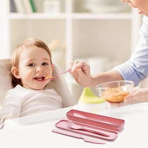 Reusable Travel Utensils Set with Case, 3 Sets Wheat Straw Portable Knife Fork Spoons Cutlery, Eco-Friendly BPA Free Plastic Tableware for Kids Adults Travel Picnic Camping Utensils - color: 3 Sets - Beige, Pink, Black