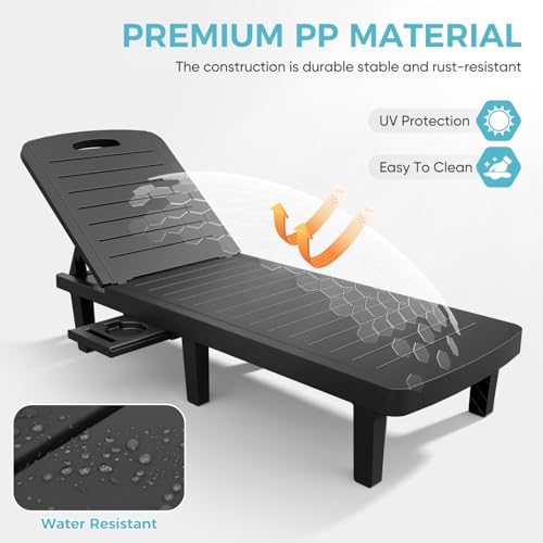 Outdoor Chaise Lounge Set of 4, 5-Position Adjustable Sun Lounge w/Pull-Out Tray, Waterproof PP Lounge Chairs for Outside, Lounge Chairs for Poolside, Patio, Beach, Yard in All Weather,Black - style: Set of 4