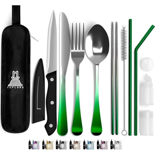 Taplord Portable Travel Silverware Set With Case - Includes 10 Pcs of Utensils, Stainless Steel Flatware For Camping, Easy to Travel, Lightweight (Green Two Tune) - color: Gradient Green, size: 10 Pieces