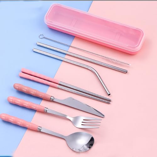 4 Colors Portable Travel Utensils with Case, Reusable Stainless Steel Cutlery Include Knife Fork Spoon Straw for Travel Camping Office