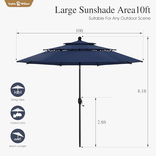 Sophia & William 10ft 3 Tier Auto-tilt Patio Umbrella,Wind Resistent,Outdoor Patio Umbrellas Double Vented Umbrella with Crank for Pool Garden Backyard, Navy - color: Dark Blue