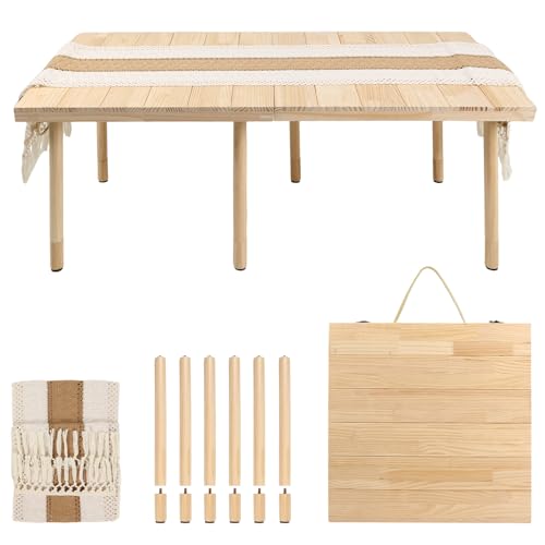 44" x 22" Boho Low Picnic Table, Portable Beach Table with Tablecloth and Adjustable Legs, Solid Wood Foldable, Indoor Outdoor for Beach Camping BBQ Wedding Party Family Gatherings