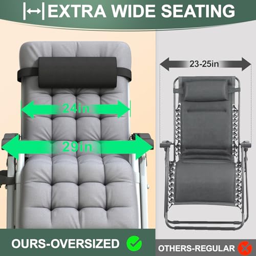 XL Zero Gravity Lounge Chair 29", Oversized Padded Folding Recliner for Patio with Storage Bag, Removable Cushion, Footrest, Full Aluminum Lock & Large Cup Holder, Supports 450 lbs, Grey - color: 29in - Grey-1