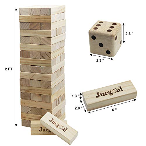Juegoal 54 Pieces Giant Tumble Tower Blocks Game Giant Wood Stacking Game with 1 Dice Set Canvas Bag - color: Wood Color, size: Large