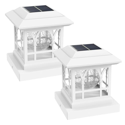 Fence Post Solar Lights, Crackle Glass Solar Post Cap Lights, 20 Lumens, Warm White & RGB Automatic Cycling 2 Modes for 3.6x3.6 4x4 4.5x4.5 5x5 Vinyl Wooden Posts Decoration, White (2 Pack) - color: White, size: 2 Pack