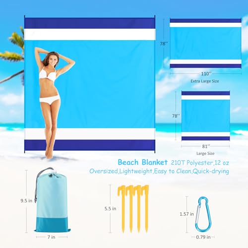 Beach Blanket Waterproof Sandproof 1-7 Adult Oversized 78 '' × 81 '' Lightweight Durable Compact Sand Free Extra Large Beach Mat for Travel Camping Hiking Picnic Blanket - color: Bluewhite, size: 78“x81”