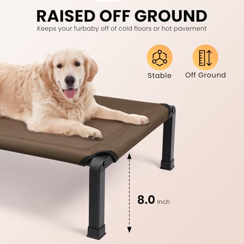 Heeyoo Elevated Dog Bed, Cooling Raised Pet Cot with Chew Proof Mesh Fabric and Steel Frame, Portable Dog Cot Bed with No-Slip Rubber Feet for Outdoor Indoor Use - color: Brown, size: 60"L x 37"W x 8"H