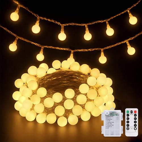 JMEXSUSS Globe Battery Operated Christmas Lights Indoor, 100 LED Battery Powered String Lights Outdoor Waterproof, 33ft Christmas String Light with Remote Timer for Bedroom Camping Decor, Warm White - color: Warm White, size: 100 LED Battery