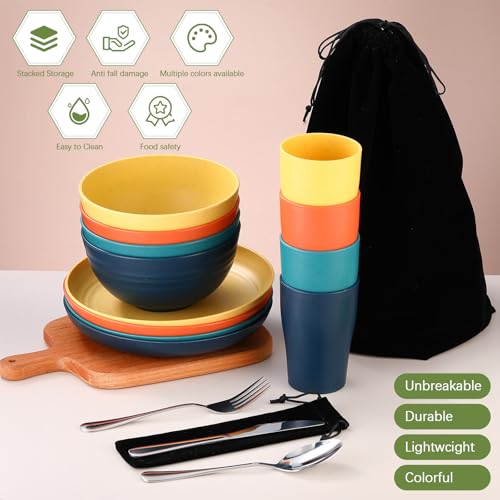 Teenyyou 4 Sets Camping Mess Kits for 4 Person Camping Silverware Set Include Cup, Bowl, Plate, Knife, Spoon, Fork Cutlery Set Unbreakable Wheat Straw Dinnerware Utensils for Travel - color: Bright Color
