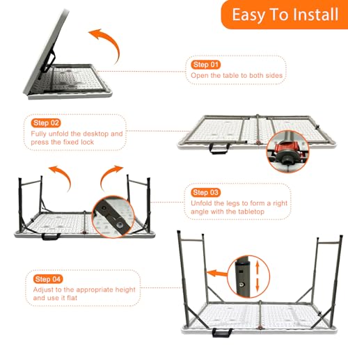 Lakhow Folding Table 4 Foot Portable Heavy Duty Plastic Fold-in-Half Utility Table with Carrying Handle,Indoor Outdoor Small Adjustable Height Folding,Camping and Party,White - color: 4ft-white
