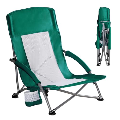 DUMOS Low Camping Beach Chair, Lightweight Folding Portable Beach Chair with Cup Holder, Storage Pocket, Breeze Mesh Back, Padded Armrests, Low Profile Chair for Camp, Picnic, Lawn, Sand, Green - color: Green, size: 25.79*22.24*27.36inch