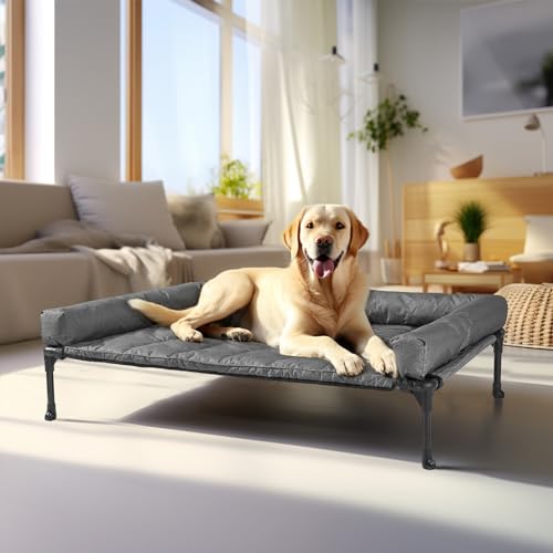 Veehoo Cooling Elevated Dog Bed Add Removable Waterproof Bolster Cushion Mat, Raised Pet Cot with Breathable Teslin Mesh, No-Slip Feet, Dog Couch Bed for Indoor Outdoor, Large, Black Silver - color: Black Silver, size: 42.0"L x 30.0"W x 7.0"Th