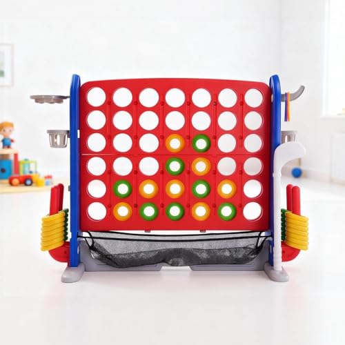 4-in-1 Giant 4-in-a-Row Connect Game Set with Basketball Hoop & Ring Toss – Height Adjustable Jumbo Outdoor Yard Game, Quick Release, for Kids & Adults – Red Mainboard with Blue Side Panels