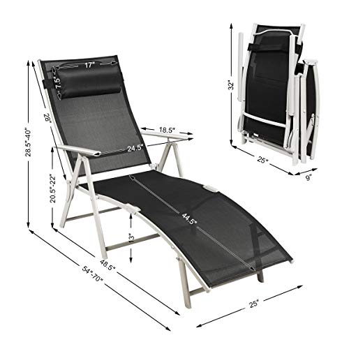 Tangkula Outdoor Folding Chaise Lounge Chair, Lightweight Recliner Chair w/ 7 Adjustable Backrest Positions, Patio Reclining Beach w/Removable Cushion & Pillow for Patio Poolside No Assembly Required - color: Balck