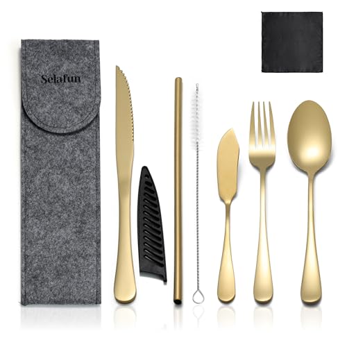 Travel Utensils with Case, Portable Silverware Set Stainless Steel Lunch Box Travel Cutlery Set for Work, Camping, Picnic, Hiking, Office (Gold) - color: Gold
