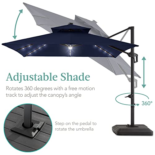 Best Choice Products 10x10ft Cantilever Patio Umbrella w/Base Included, Solar LED Lights 360 Rotation Large Offset Hanging Outdoor Shade for Deck Pool Backyard w/Stand – Navy Blue - color: Navy Blue, size: 10x10ft