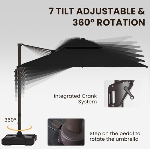 9 X 12 FT Cantilever Patio Umbrella with Led Lights Outdoor Heavy Duty Double Top Rectangle Offset Umbrellas with 360-degree Rotation for Pool Deck Backyard, Black - color: Black, size: 9' X12' Only Umbrella(LED)