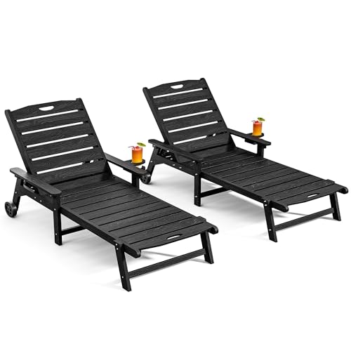 Outdoor Lounge Chair Set of 2 with 5-Position Adjustable, Outside Lounge Chair with Cup Holder, Wheels for Easy Mobility, HDPE Tanning Chair for Poolside, Patio, Black - color: Black, size: 2pc