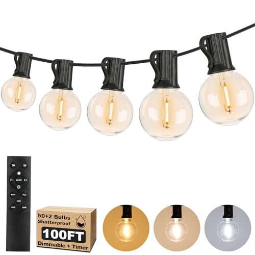 100FT LED Outdoor String Lights with 3 Color Lights, Dimmable String Lights for Outside with Remote, G40 Globe Waterproof Patio Lights with 50+2 Shatterproof Bulbs for Party Backyard BBQ House Camping - color: Black, size: 100ft-3cct