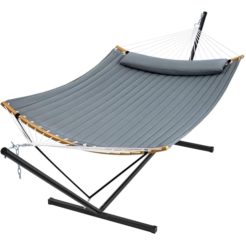 SUPERJARE Hammock with Stand, 2 Person Heavy Duty Hammock with Padded Cotton, Detachable Pillow & Strong Curved-Bar & Portable Carrying Bag, Perfect for Outdoor & Indoor, Neutral Gray - color: Neutral Gray