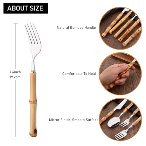 Dinner Fork Set, 8-Piece Natural Bamboo Forks, 18/8 Stainless Steel with Bamboo Handle, Silver Mirror Finish, Unique Design, 8.27 Inch - color: 8-Piece Dinner Fork