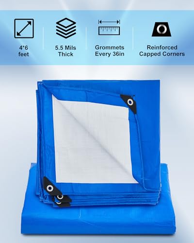 SmoothNovelty 3 Pcs Large Waterproof Tarp 4 x 6 ft Heavy Duty 5.5 Mil Thick Poly Tarpaulin with Grommets Multipurpose Protective Cover for Summer Home Boats Cars Camping RV Pool Tent - color: Green,blue,silver, size: 4 X 6 Ft