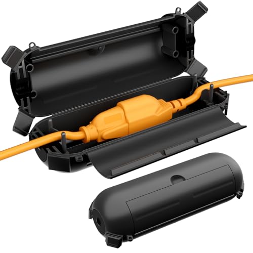 Restmo 2 Pack Compact Outdoor Extension Cord Cover, IP44 Waterproof Box and Safety Housing Case, Ideal to Protect Outdoor Plugs, Electrical Connections, Holiday Decoration Lights, Size Small, Black - color: Black, size: 2 Pack