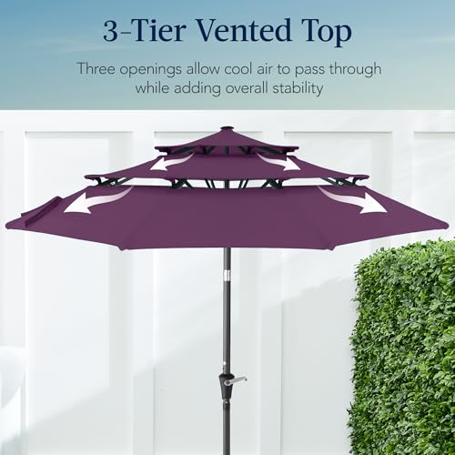 Best Choice Products 10ft 3-Tier Market Patio Umbrella, Outdoor Sun Shade with Tilt, Crank Lift, 8 Ribs for Backyard, Deck, Poolside - color: Amethyst Purple