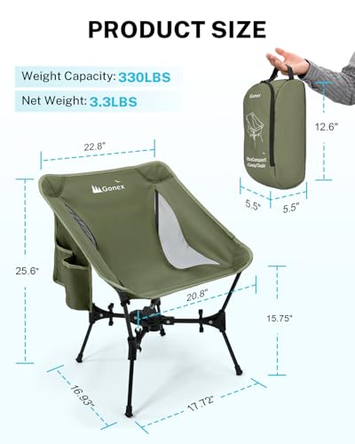 Gonex Portable Camping Chair, The 5th Gen Ultralight Compact Backpacking Foldable Lightweight Folding Chair for Outdoor Camp Hiking Beach Picnic Concert, Supports 330lbs (Army Green, 1 PCS) - color: Army Green
