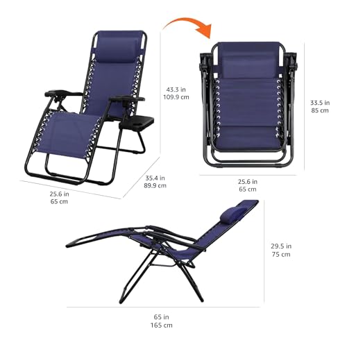 Amazon Basics Outdoor Adjustable Zero Gravity Folding Reclining Lounge Chair with Cup Holder, Headrest Pillow, Detachable Side Table, Weather Resistant, Set of 2, Blue - color: Blue
