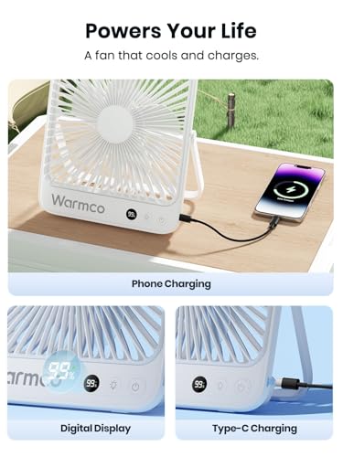 Warmco 20000mAh Battery Powered Fan, Ultra-Slim 8-Inch Portable Camping Fan with LED Lantern, Up to 48H Runtime Rechargeable Desk Fan for Bedroom, Outdoor, Tent, Travel, Cruise Ship Essentials - color: White