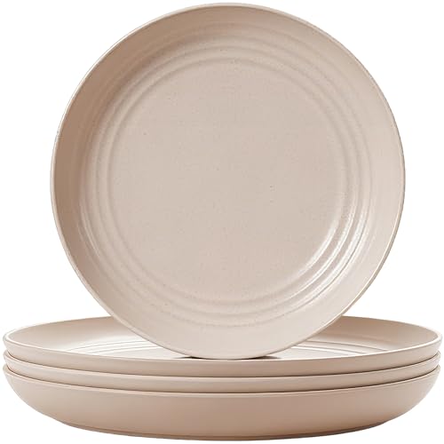 4 Pcs Unbreakable Wheat Straw Dinner Plates, 7.8 Inch Reusable Plastic Plates, Lightweight Plates for Kitchen Camping Dessert Salad, Microwave & Dishwasher Safe (Beige) - color: Beige