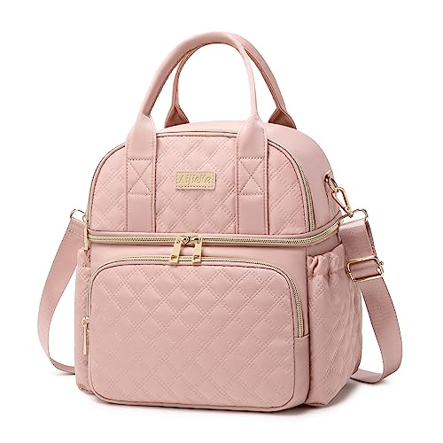 AIJIEKE Large Insulated Lunch Bag for Women, Double Compartment Leakproof Lunch Box for Work Office, Reusable Cooler Tote with Adjustable Strap & Side Pockets for Adults Picnic Beach, Pink - color: Pink