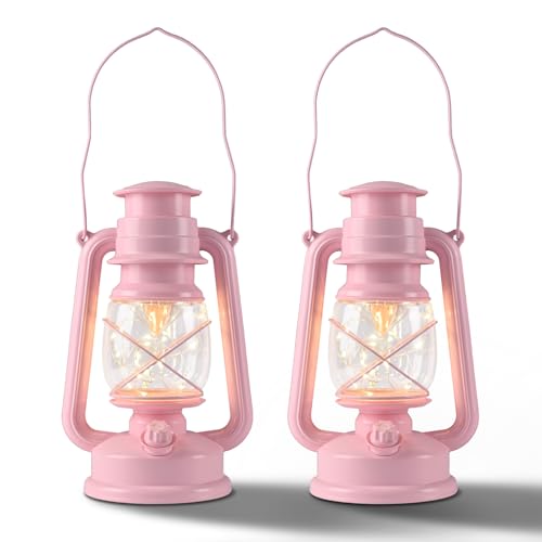 Outdoor Lanterns,Vintage Lantern with 20 LED Lights Silver Wire,9.5" H Light LED Lanterns for Outdoor & Indoor with Timer,Battery Powered Lantern,Hanging Lights for Camping Garden,Pink 2 Pack