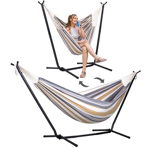 SUNCREAT 2-in-1 Convertible Backyard Fabric Hammock with Stand, Large Hammocks for Outside, Coffee & White - color: A-coffee & White