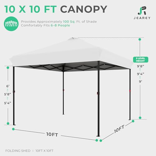 JEAREY 10x10 Pop Up Canopy Tent, Heavy Duty Outdoor Canopy with 1-Push Instant Setup, Commercial Tent with Roller Bag, 4 Sandbags and 8 Stakes, Water-Resistant, White - color: White