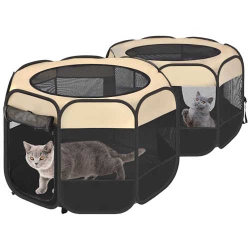 EighteenTek® 2-in-1 Pop Up Cat Playpen, Assembly-Free Dog Puppy Pet Playpen, Indoor Outdoor Cats Enclosed, Cat Tent House Crate Cage, Portable & Foldable Playpen for Kittens(No Divider, Unified Space) - color: Beige, size: S, 55.2"L x 27.6"W x 17"H