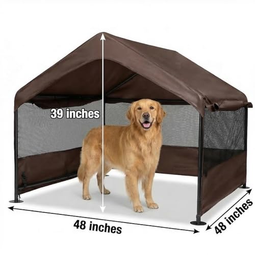 Dog Tent House Outdoor Shade 4'x4'x3' Shelter for Large Medium Pets,Outside Sun Rain Waterproof Canopy with Three-Sided Breathable Mesh Windows,Livestock House with Ground Nails,Brown - color: Brown with Breathable Mesh Windows