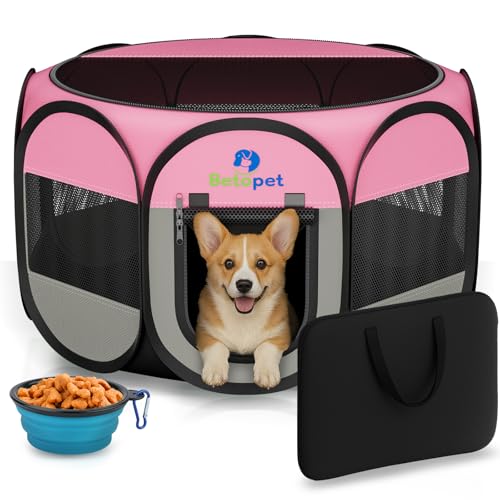 Playpen for Small Dogs Cats Crate: Puppy Play Pen Indoor Outdoor Foldable Potable Exercise Cage Pop up Kennel for Guinea Pig Rabbits Hamster Travel with Carrying Case & Food Bowl (Pink, M, 1) - color: Pink, size: M