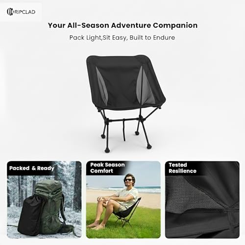 Ultralight Camping Chair, Folding Backpack Chair with Aluminum Frame, Side Pocket & Anti-Sinking Feet, Supports 330 lbs, Camp Chair for Outside, Hiking, Beach, and Travel (Black)