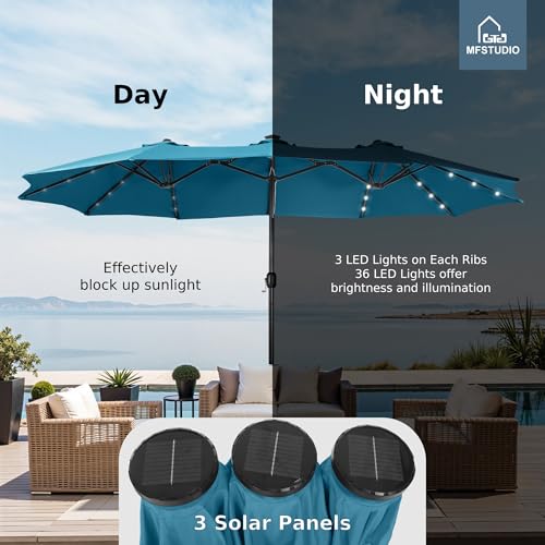 MFSTUDIO 15ft Double Sided Patio Umbrella with Solar Lights, Outdoor Large Umbrellas with Crank Handle and 36 LED Lights, Rectangular Market Umbrella with Base Included for Deck Pool Shade, Cerulean - color: Cerulean