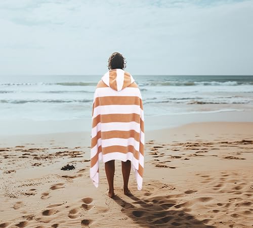 COTTON CRAFT Hooded Beach Towel - Oversized XXL 35x84 Towel with Hood for Adults - The Big Kahuna 7 Foot Beach Blanket Towel - Big & Tall Soft 100% Cotton Velour - Pool Bath Wrap - Cabana Stripe Linen - color: Cabana Stripe - Linen, size: 1 Pack - 35x84 H