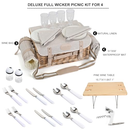 Multifunctional Wicker Picnic Basket Set for 4 with Blanket and Picnic Table, Insulated Picnic Set with Full Tablewares for Camping Outdoor Couples, Flowers - color: Flowers With Blanket &Table for 4
