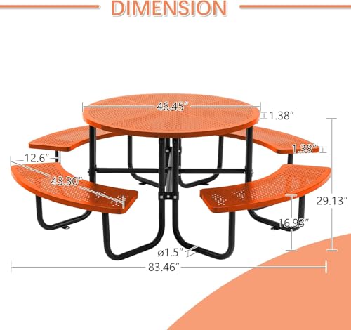 46-inch Orange Round Outdoor Picnic Table with Umbrella Hole Heavy Duty Coated Steel Metal Patio Dining Set for Garden, Courtyard, BBQ & Commercial Use - color: Orange-round