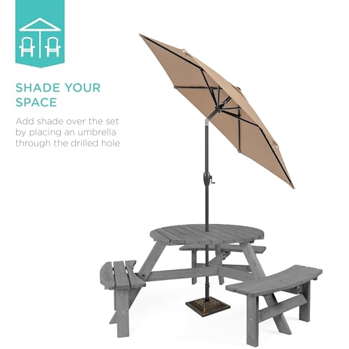 Best Choice Products 6-Person Circular Outdoor Wooden Picnic Table for Patio, Backyard, Garden, DIY w/ 3 Built-in Benches, 500lb Capacity - Gray - color: Grey