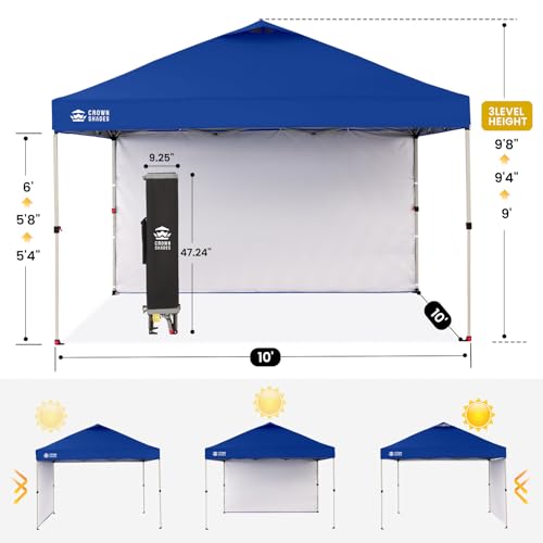CROWN SHADES 10x10 Pop Up Canopy with 1 Side Wall - Beach Tent with One Push Setup - Outdoor Sun Shade for Events, Parties, Camping - Gazebo with STO-N-Go Cover Bag (Navy Blue) - color: Navy Blue, size: 10x10FT