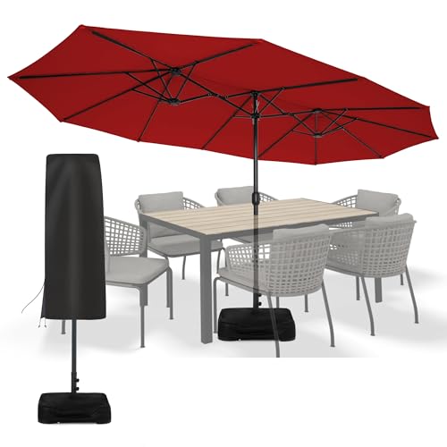 Sundale Outdoor 15ft Large Patio Umbrella with Base Included and Umbrella Cover, Outdoor Double-Sided Umbrella - color: Red