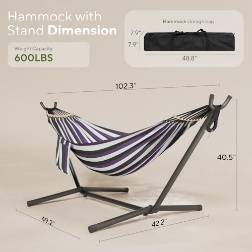 600lbs Hammock with Stand for Outside, 2 Person Portable Hammock with Side Storage, Carrying Bag, Expend Wooden Bar for Outdoor or Indoor (Purple Black) - color: Purple Black
