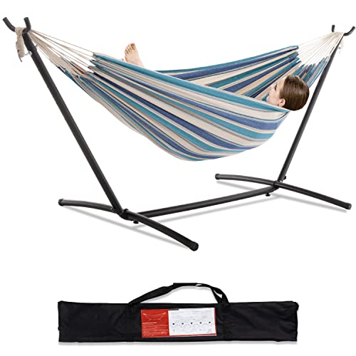PNAEUT Double Hammocks with Stand for Outside, Portable Space Saving Heavy-Duty Steel Stand for Indoor Outdoor Patio with Carrying Bag, 450 lbs Capacity (Lightblue) - color: Lightblue