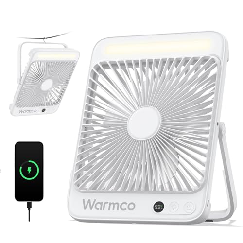 Warmco 20000mAh Battery Powered Fan, Ultra-Slim 8-Inch Portable Camping Fan with LED Lantern, Up to 48H Runtime Rechargeable Desk Fan for Bedroom, Outdoor, Tent, Travel, Cruise Ship Essentials - color: White